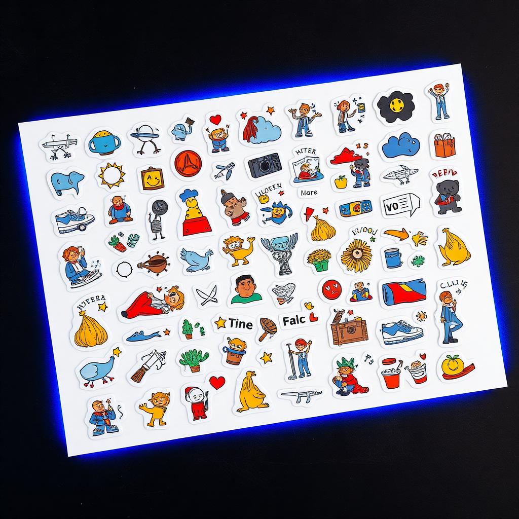Retro Travel Poster UV DTF Sticker Sheet — a kiss-cut sticker sheet laid flat on a dark studio surface, customized with UV printing by Furnace Design Lab