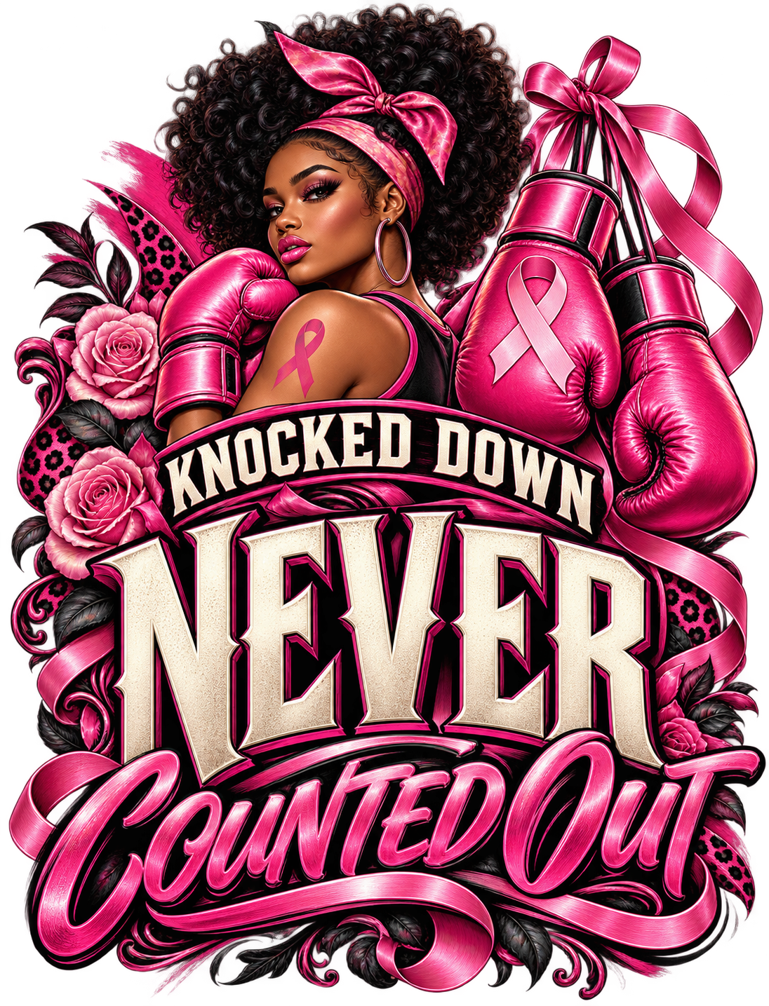Knocked Down Never Counted Out breast cancer awareness design