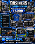 Business Starter Crew Box: 2 metal NFC cards, 10 shirts, 5 hats, 10 koozies, 10 keychains, 5 tumblers, yard sign and website setup for $1,000