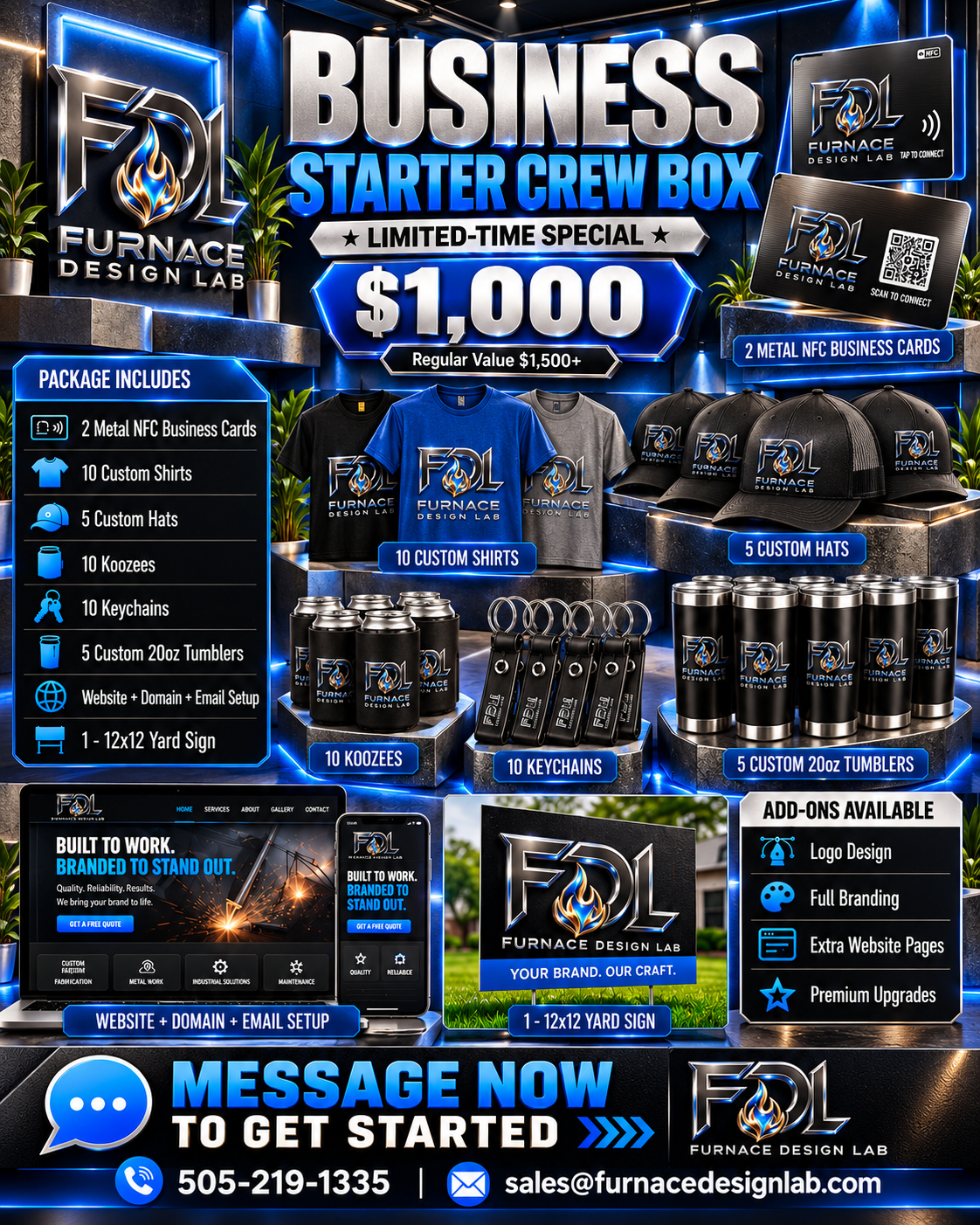 Business Starter Crew Box: 2 metal NFC cards, 10 shirts, 5 hats, 10 koozies, 10 keychains, 5 tumblers, yard sign and website setup for $1,000